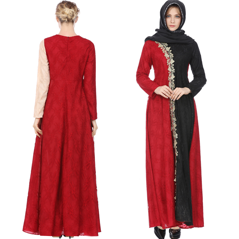 穆斯林新款蕾丝拼接重工长袖礼拜中东长裙迪拜旅游连衣裙沙特女袍
