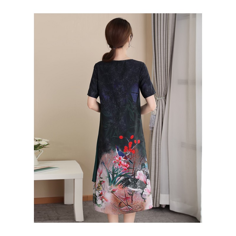 中老年妈妈连衣裙中长新款夏装假二件大码女士海边度假雪纺沙滩裙