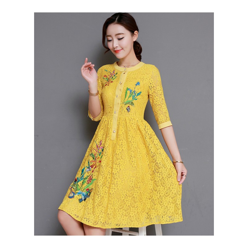 绣花蕾丝连衣裙春装2018新款潮修身高腰中长款镂空拼接显瘦a字裙