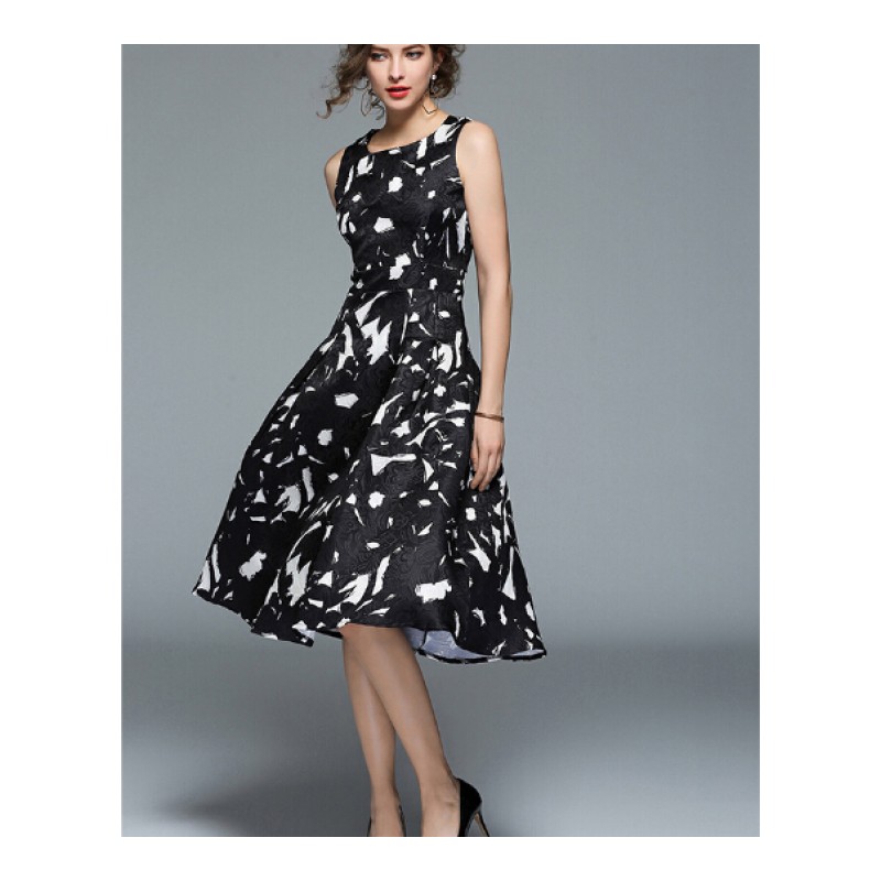 2017年秋季冬新款 欧美女装水墨印花提花收腰A字裙显瘦无袖连衣裙