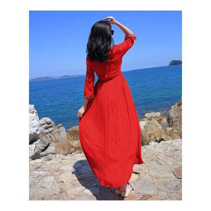 泰国大红色长裙复古V领显瘦波西米亚民族风连衣裙海边度假沙滩裙