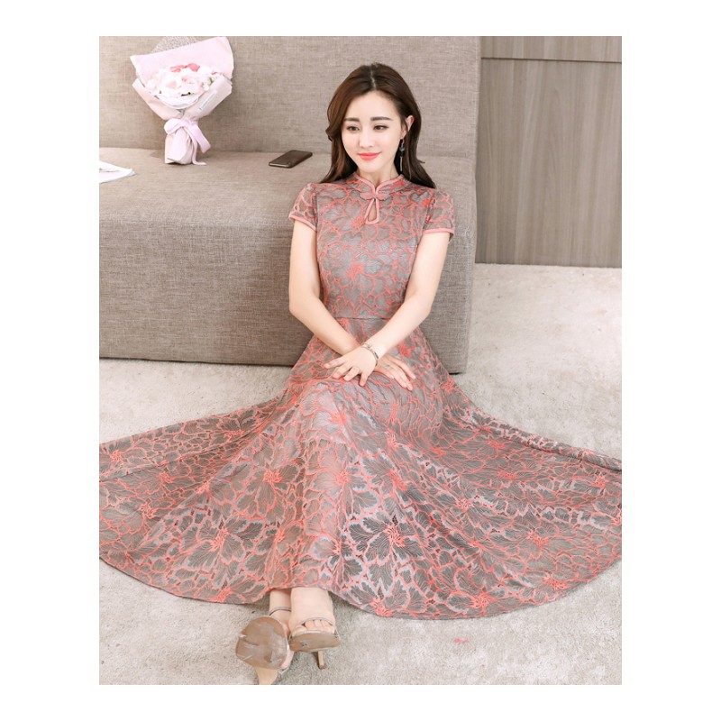 蕾丝连衣裙女夏长款 2018新款潮显瘦韩版V领气质改良旗袍绣花长裙