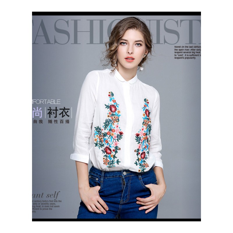 2017早秋可爱小翻领重工刺绣衬衣 棉麻七分袖休闲大码上衣