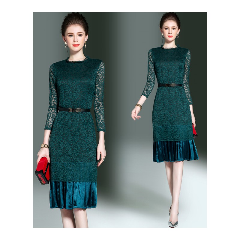 2017春装新品欧洲站外贸女装七分袖蕾丝拼接百褶中长款女士连衣裙