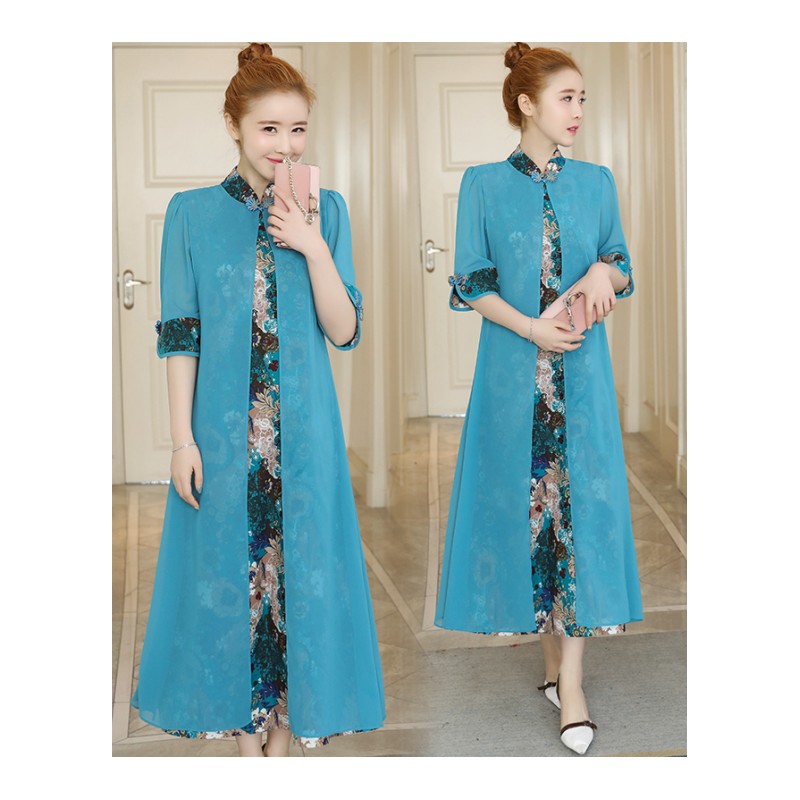 2018春装新款大码女装民族风印花拼接连衣裙假两件胖妹妹mm中长款