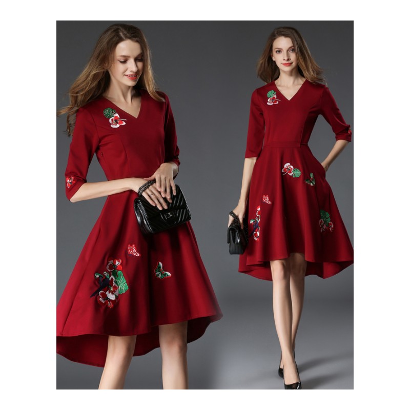 2017秋装新款连衣裙中长款v领七分袖收腰绣花红色大摆裙名媛气质