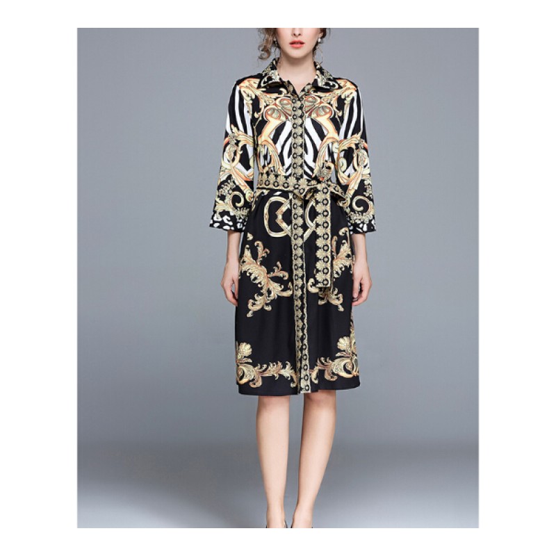 2017秋季新款女装欧美名媛气质七分袖翻领印花修身收腰显瘦连衣裙