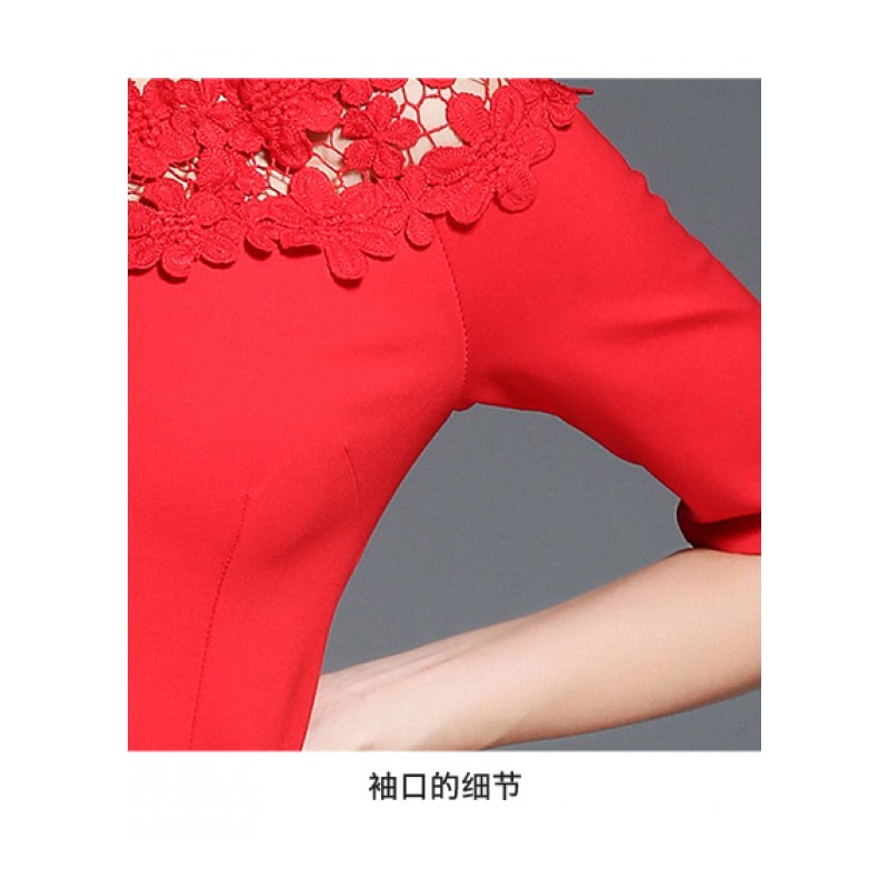 2017新款秋装宴会主持人礼服女短款修身性感显瘦一字肩红色连衣裙