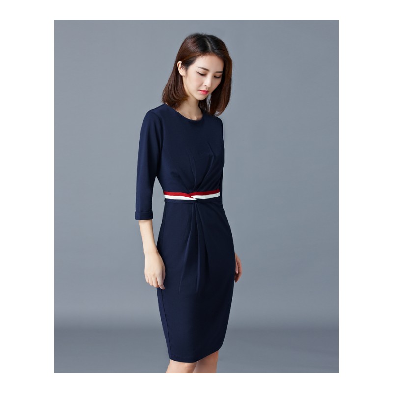 知性连衣裙 2017夏季新款韩版OL气质修身包臀拼色中长款职业女裙