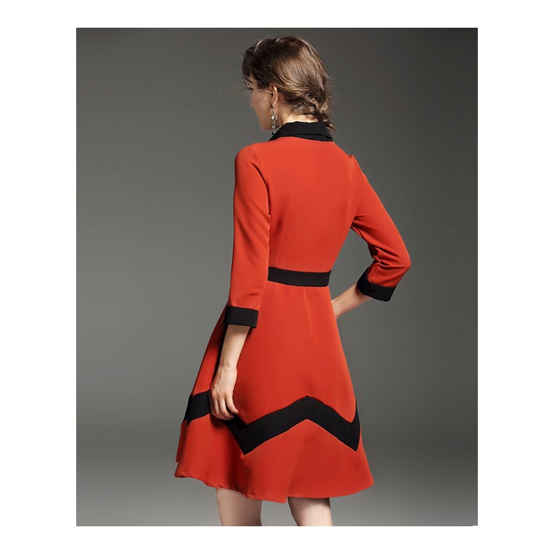 2017欧美撞色波浪花纹V领收腰大摆七分袖OL时尚小香风连衣裙潮