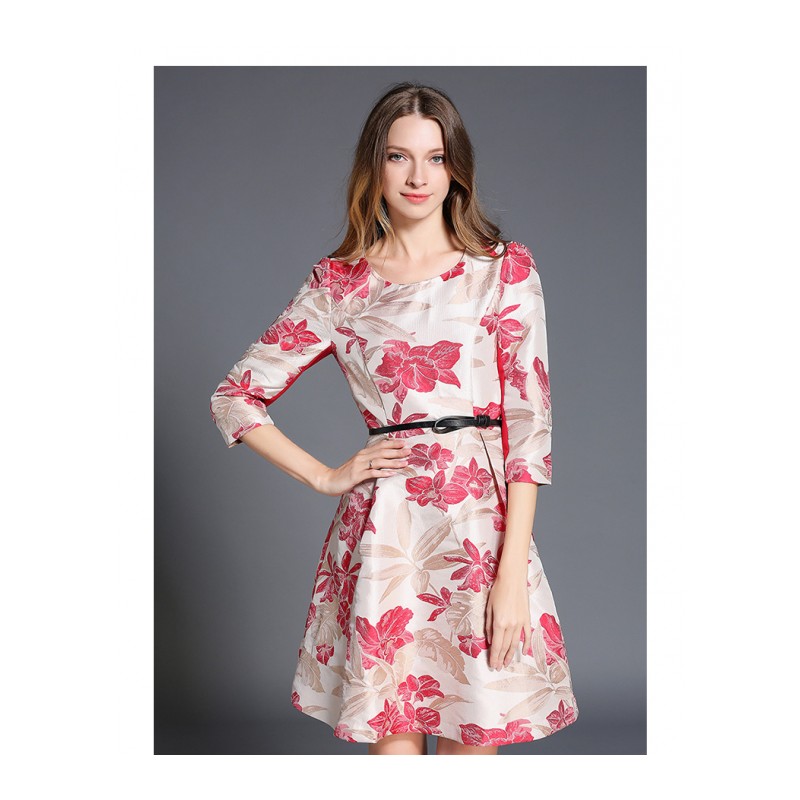 2017秋装新款女七分袖系带修身中长a字裙时尚绣花提花连衣裙子