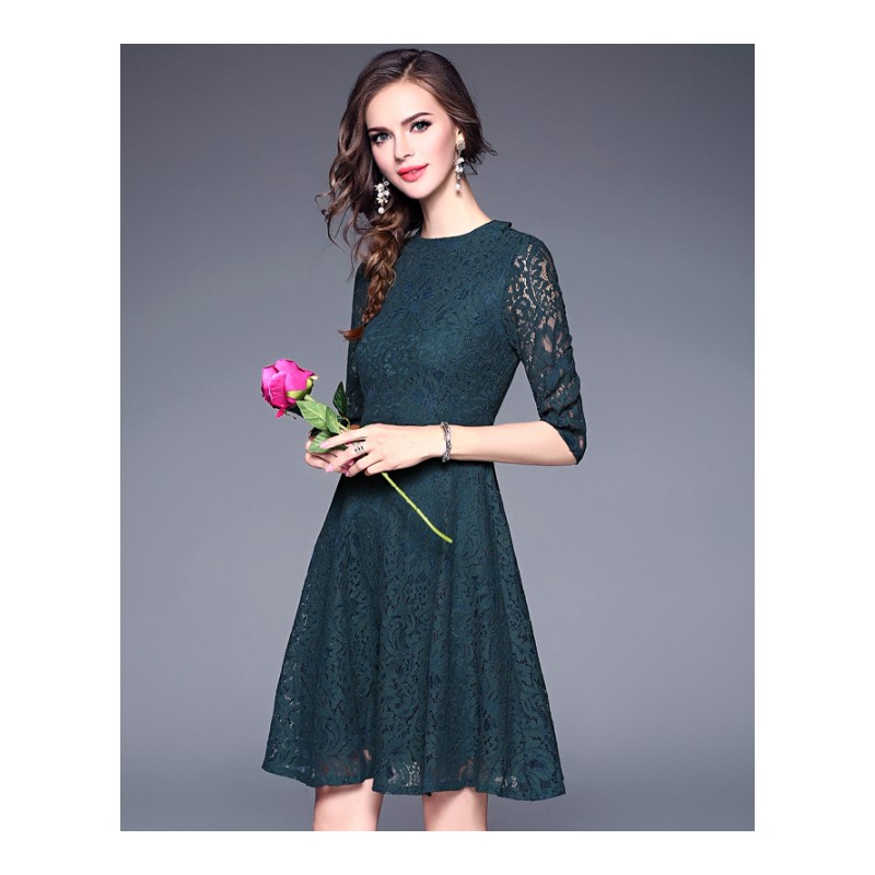 2017秋装新款欧美时尚蕾丝墨绿色复古气质修身露背中袖a字连衣裙