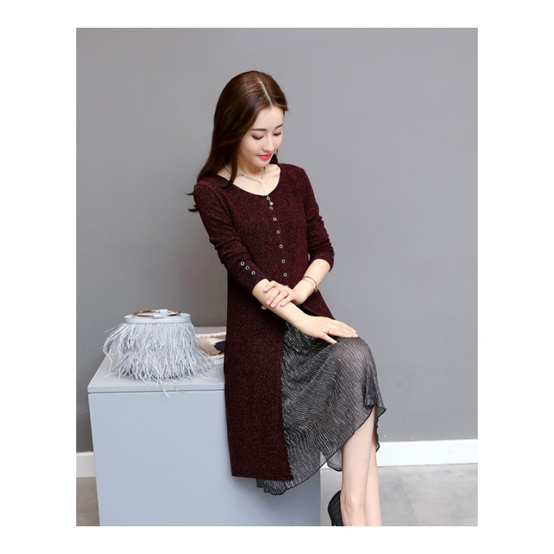 2017秋装新款女士修身显瘦网纱拼接中长款大码两件套连衣裙