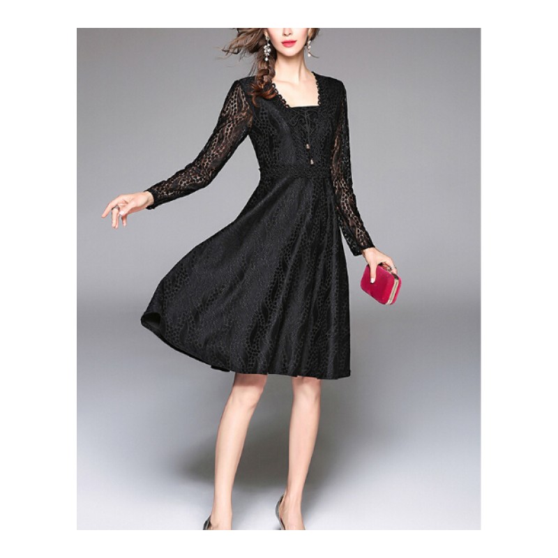 2017秋装新款欧美显瘦黑色中长款V领系带a字时尚长袖蕾丝连衣裙女