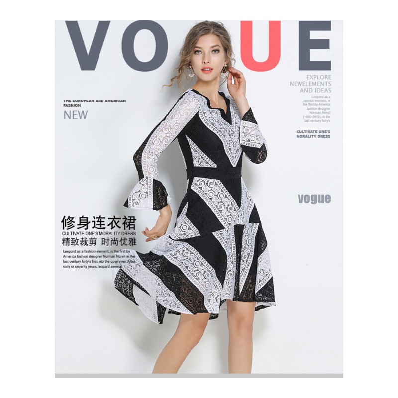 2017新款春装V领喇叭袖长袖修身显瘦A字大摆不规则镂空蕾丝连衣裙