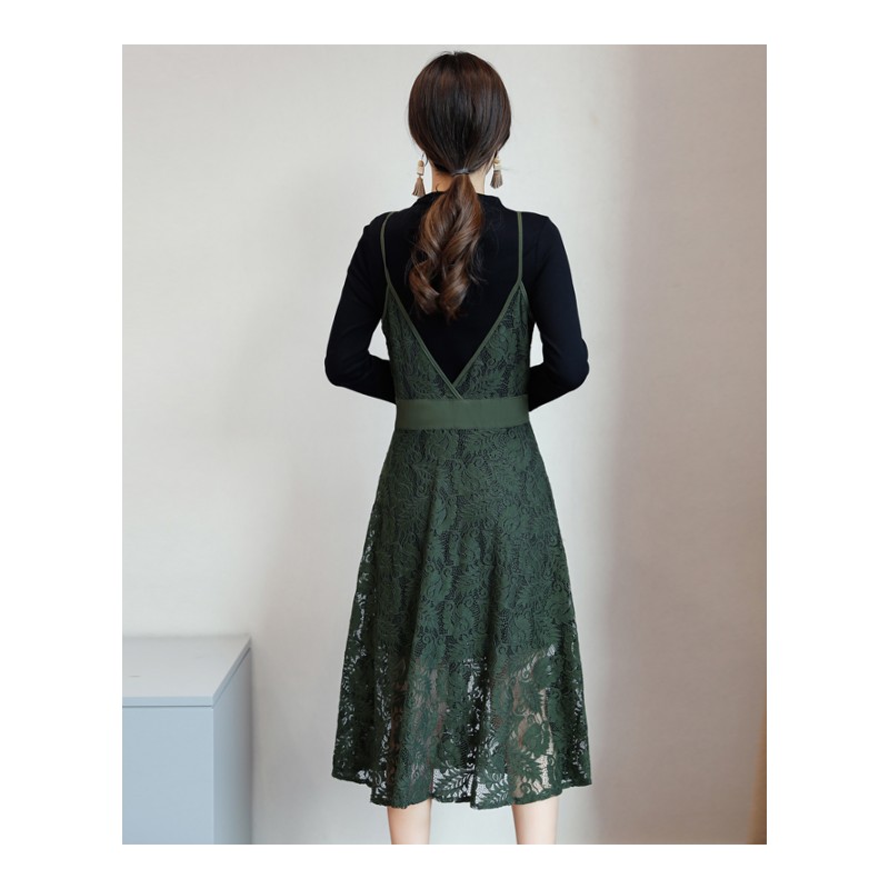 2017秋装新款两件套连衣裙女韩版中长款蕾丝连衣裙时尚拼接套装裙