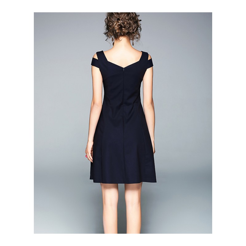 2017欧美新款无袖露肩v领中长款a字连衣裙名媛气质宴会小晚礼服女