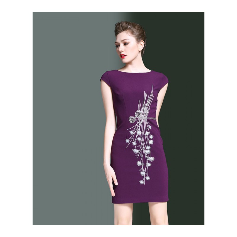 2017夏装新款优雅气质紫色刺绣钉珠短袖修身包臀连衣裙子