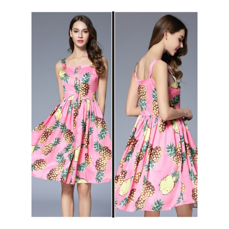 女装 夏季新款印菠萝单排扣带裙收腰显瘦连衣裙潮
