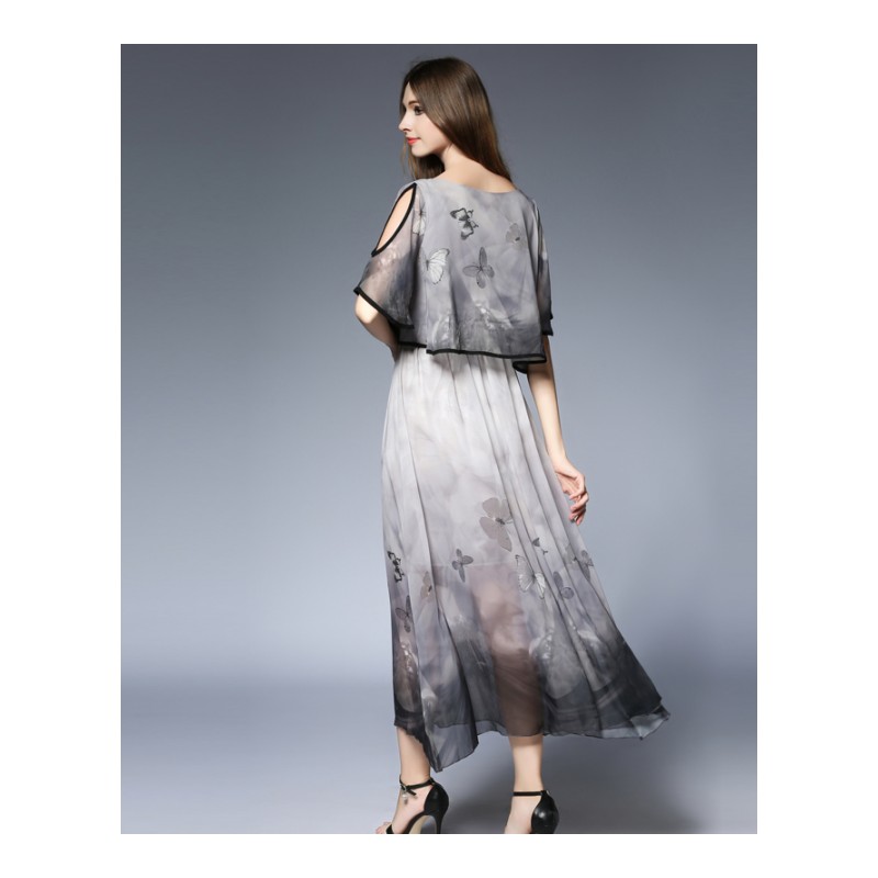 2017夏季新款女长款雪纺连衣裙修身露肩假两件波西米亚度假沙滩裙