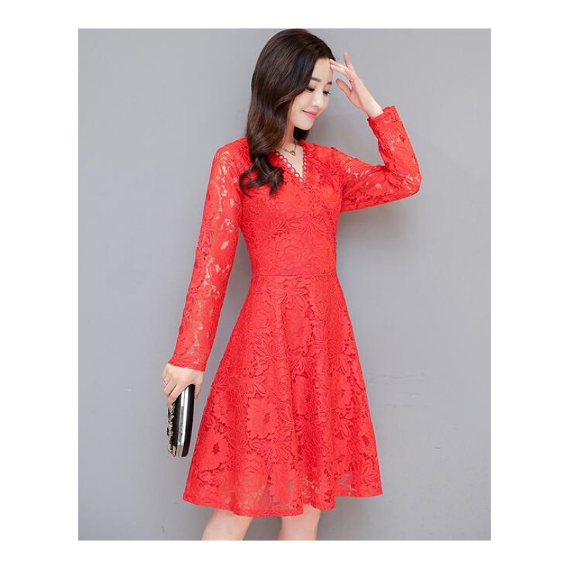 2017春装新款女韩版V领时尚百搭打底中长款修身显瘦蕾丝连衣裙潮