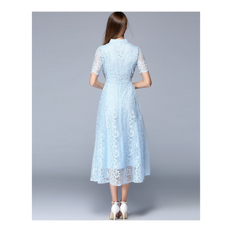 2017夏季新款女装欧美高端V领短袖重工蕾丝拼接中长款刺绣连衣裙