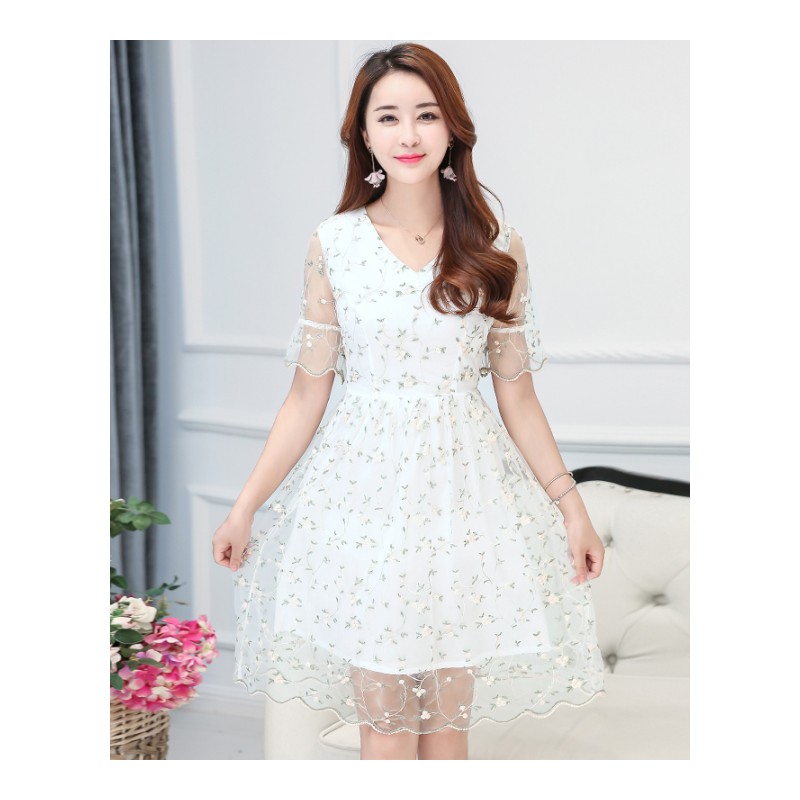 夏季刺绣网纱连衣裙中长款韩版修身显瘦大码女装2017新款胖mm裙子
