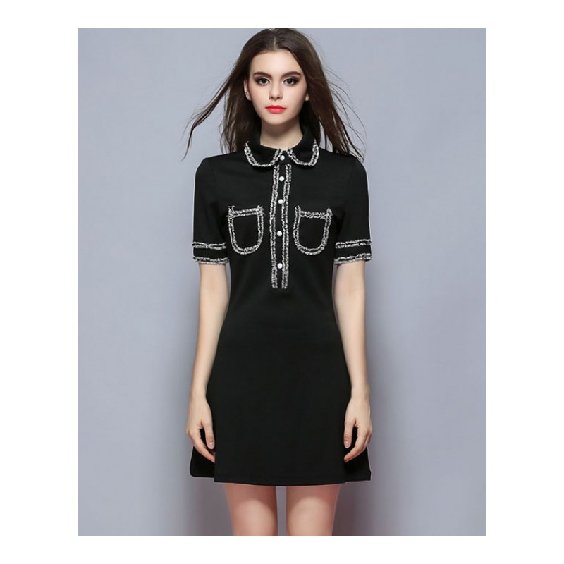 2016小香风气质翻领弹力修身显瘦连衣裙中袖A字裙女春