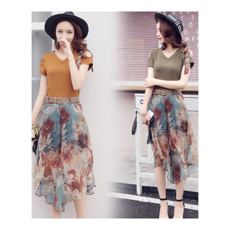 2017夏季新款时尚套装女V领短袖T恤宽松雪纺阔腿裤印花裤裙两件套