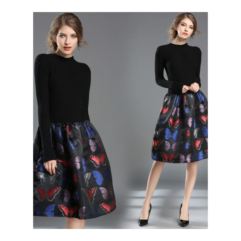 2017秋冬新品蝴蝶印花针织拼接连衣裙修身显瘦长袖A字裙中长款