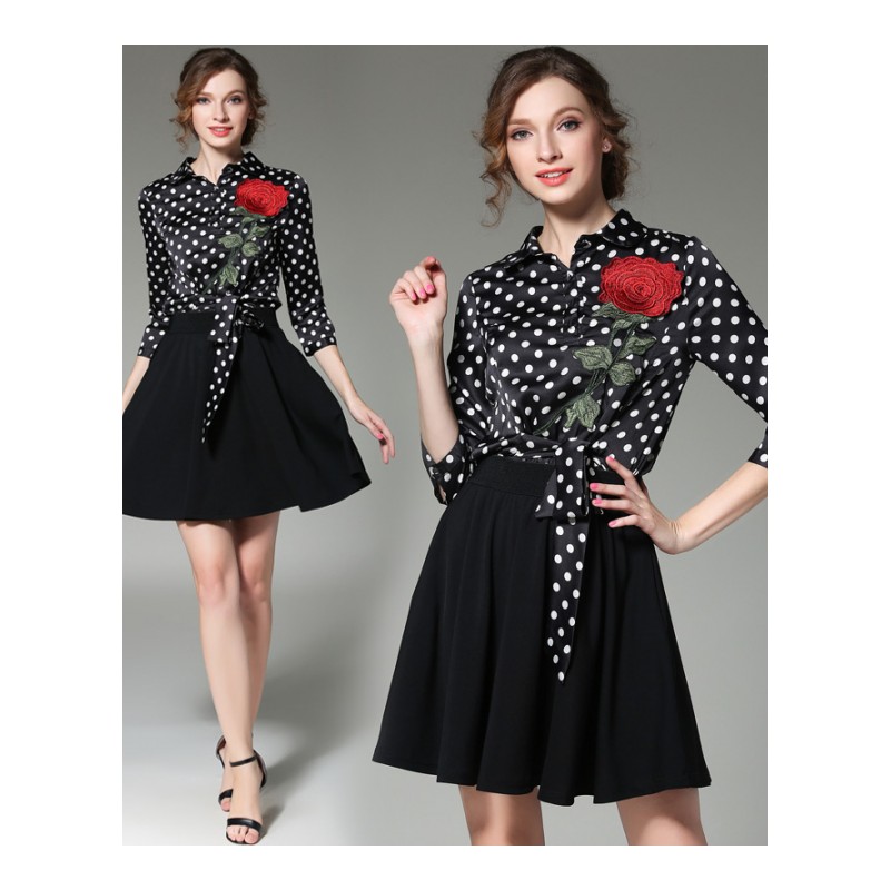 2017春装新款韩版女撞色绣花拼接波点松紧腰大裙摆连衣裙L837