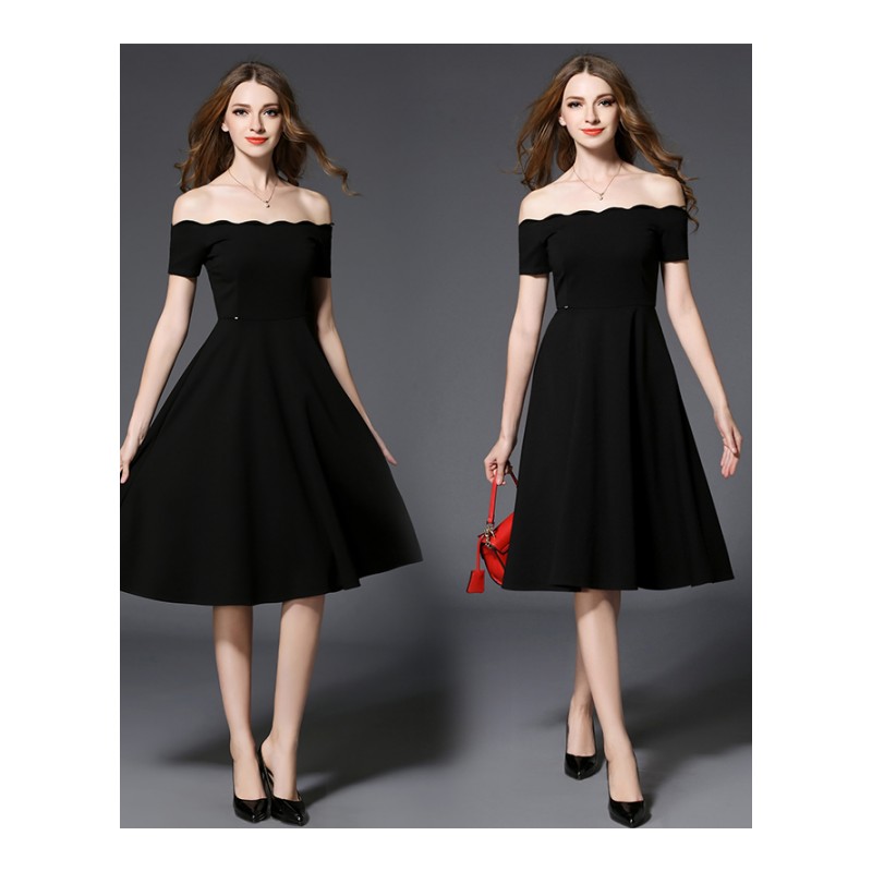 欧美秋冬复古波浪一字领高腰大摆优雅赫本小黑裙短袖连衣裙9457-1