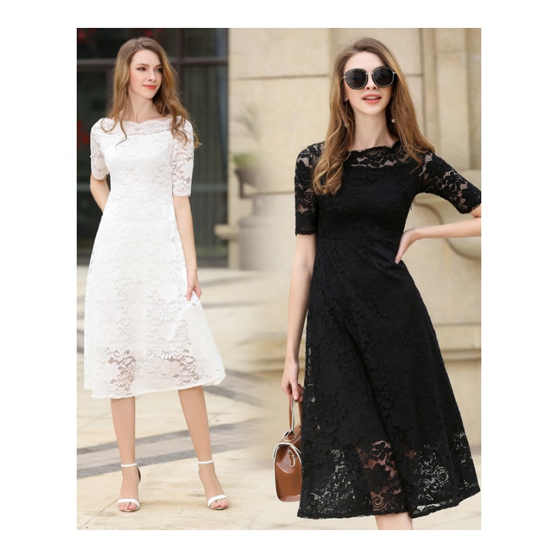 2017春季新款时尚名媛性感修身显瘦圆领蕾丝长款高腰五分袖连衣裙