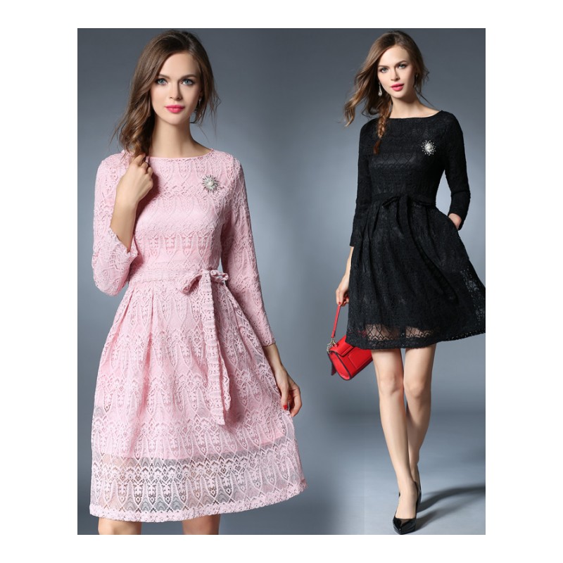 蕾丝连衣裙中长款欧洲站2016秋装欧货潮明星同款七分袖修身女装