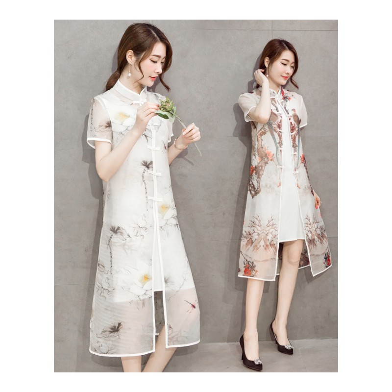 新款夏中国风女装印花立领修身旗袍扣两件套连衣裙盘扣对襟中长裙