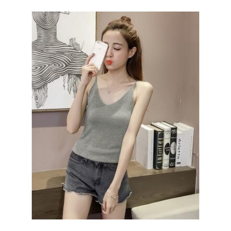 带女春夏新款韩版百搭纯色修身显瘦亮丝针织背心外穿无袖T恤黑色均码