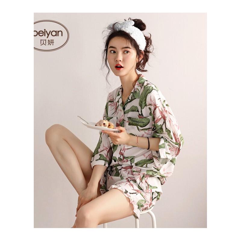 贝妍春夏季纯棉女士睡衣甜美少女开衫家居服时尚七分袖全棉套装D1265主图款