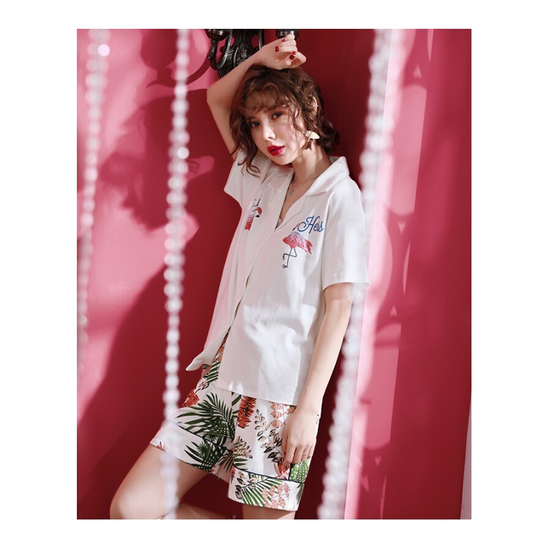睡衣女夏纯棉卡通衬衫领短袖两件套韩版火烈鸟性感套装薄款家居服B1613M(收藏加购优先货)