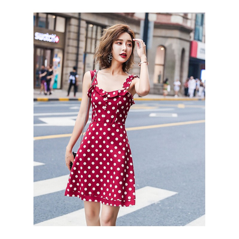 红色带无袖连衣裙女装夏季2018新款秋装波点收腰复古慵懒风裙子红色-S/L预订5天内货