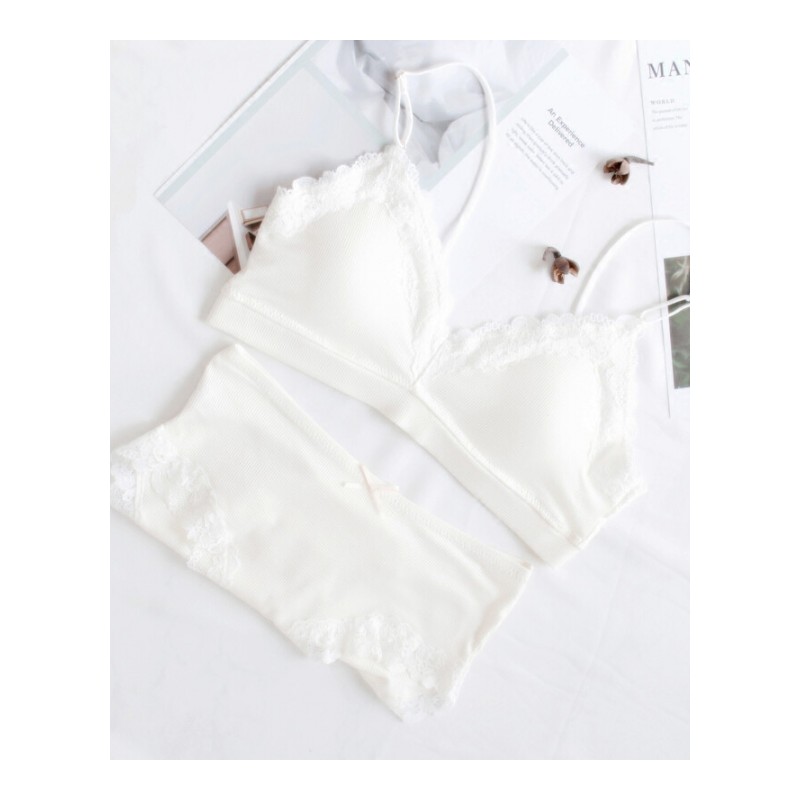 日系可爱三角杯型内衣套装甜美蕾丝边螺纹纯棉舒适小清新文胸内裤淡蓝色现货