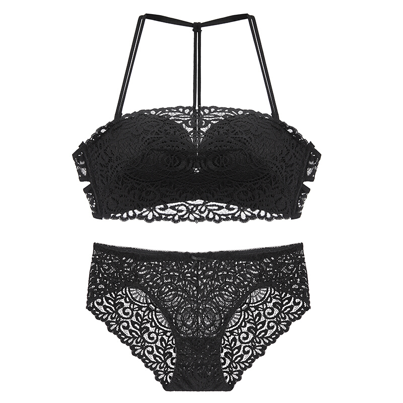 内衣套装女抹胸文胸聚拢小胸无钢圈防走光裹胸式性感镂空Y型美背黑色预售7个工作日