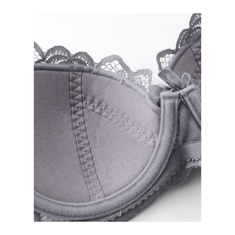 少女美屋性感蕾丝女士文胸套装内衣聚拢胸罩薄款灰色大码奶罩新品 黑色 32A=70A(内裤S码)