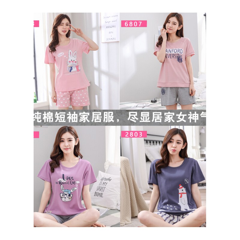 短袖睡衣女士夏季纯棉薄款宽松少女短裤可外穿全棉大码家居服套装[短袖]6807英文休闲M码(80--100斤)