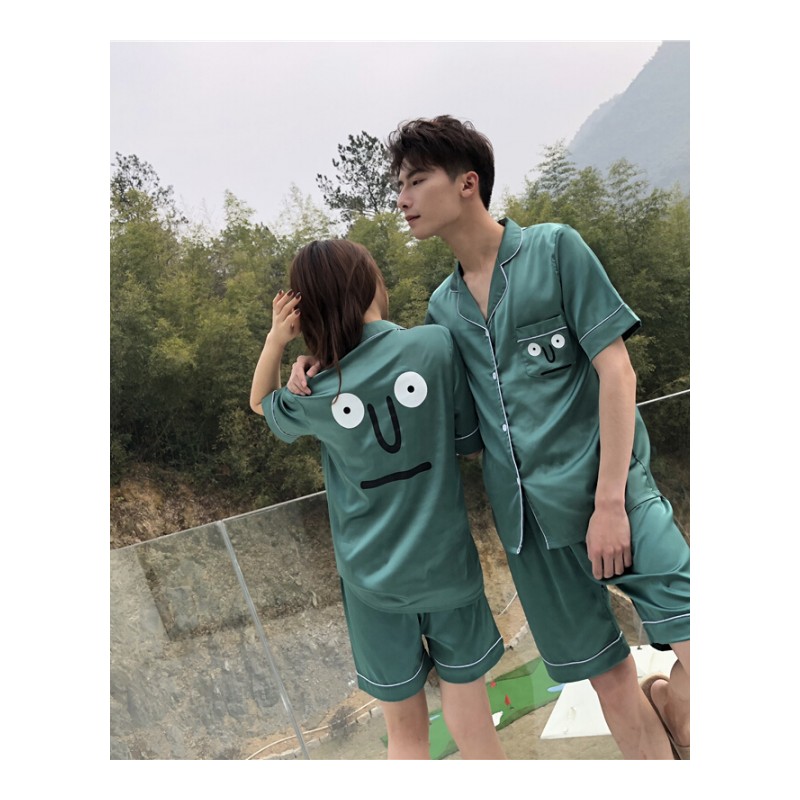 夏天睡衣女套装短袖可爱冰丝情侣两件套薄款丝绸卡通男士宽松休闲
