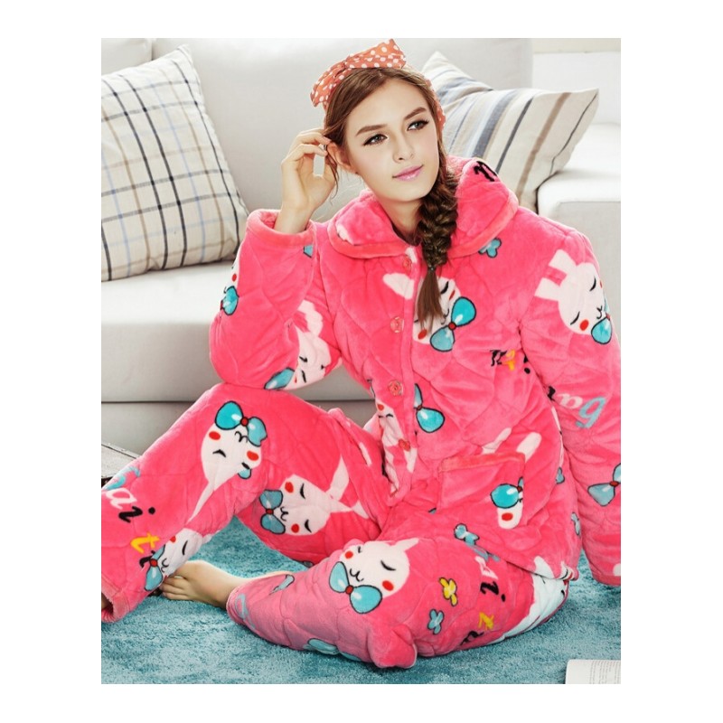 睡衣女冬季三层加厚公主风甜美可爱卡通珊瑚绒夹棉保暖家居服套装