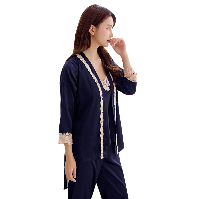 春季睡衣女2018新款潮流性感春秋时尚丝绸薄款三件套装家居服春款