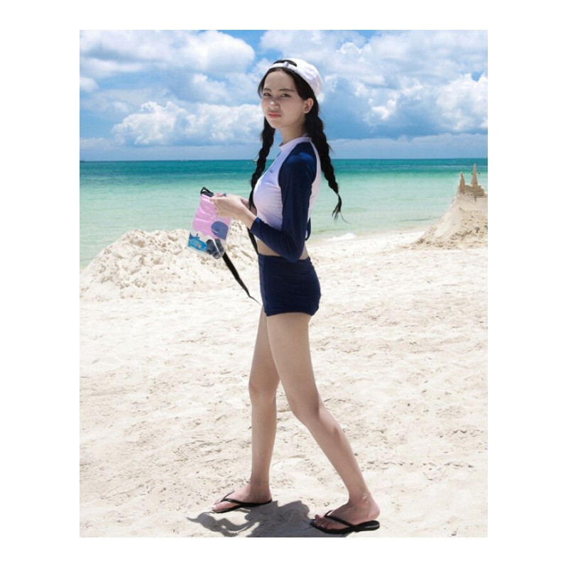 温泉泳衣韩国保守防晒长袖高腰游泳衣女分体三角显瘦遮肚运动泳装