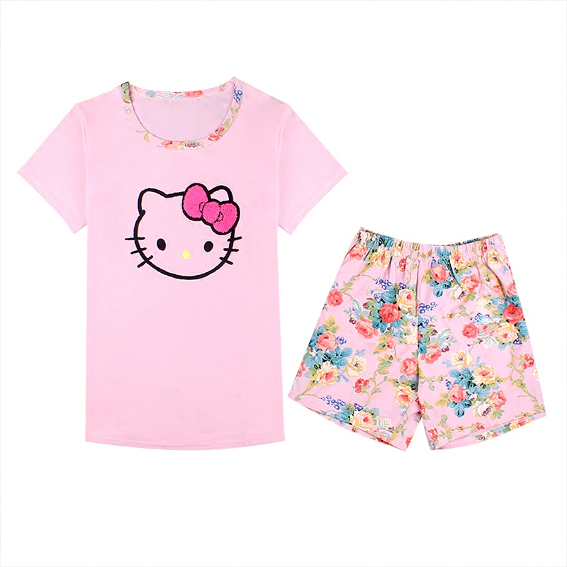 夏季睡衣女夏纯棉短袖短裤夏天睡衣女薄款可爱卡通家居服两件套装粉色可爱KT猫