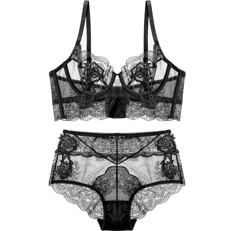 内衣女士文胸薄款性感蕾丝刺绣透明大胸显小收副乳大码胸罩套装黑色70B(配S码内裤)