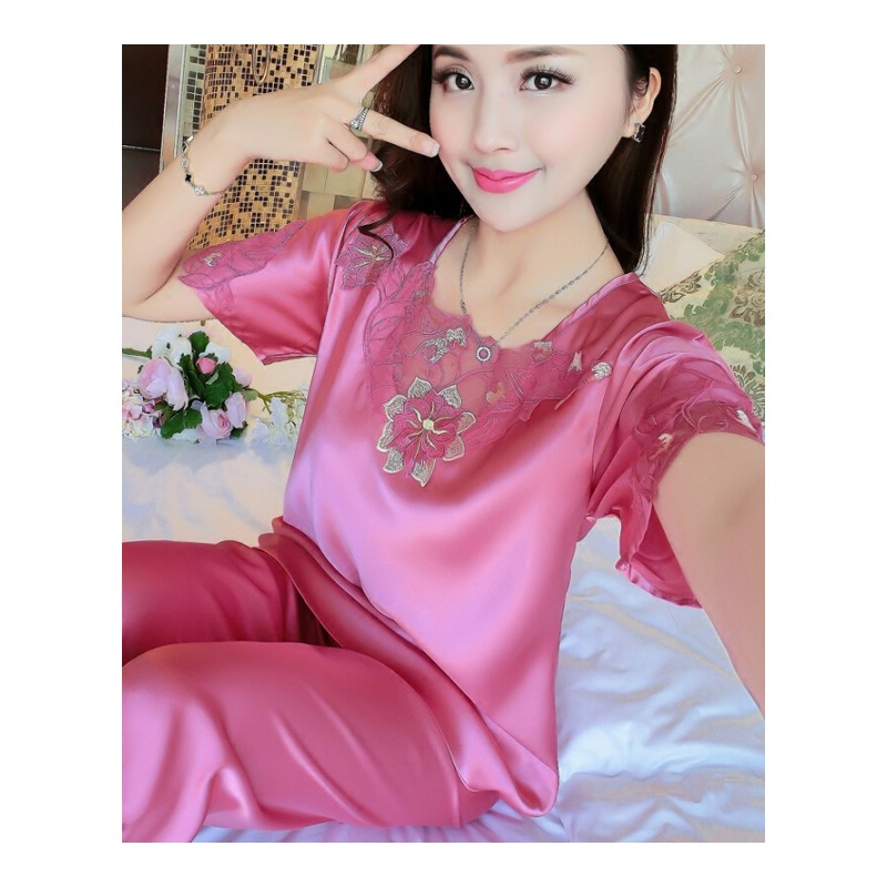 睡衣女士短袖夏季套装冰丝丝绸清新性感雪纺家居服夏天薄款两件套粉红色8603